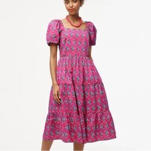 J. Crew Pink Floral Block Print Tiered Midi Dress Puff Sleeves Size 6